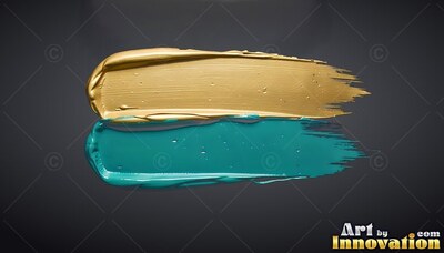 Thick gold and teal paint runs across a dark surface with a glossy sheen