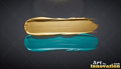 Level gold and teal paint strokes sweep over a dark gray surface