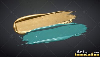 Thick brushstrokes of gold and teal paint against dark gray surface