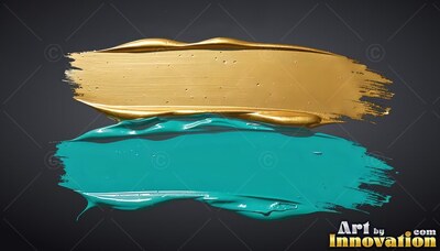 On a dark gray surface, two thick paint strokes lie in gold and teal
