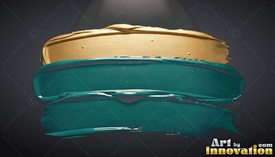 Layered on black, thick gold and teal paint strokes rest with wet glossy ridges
