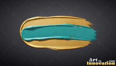 Thick teal paint runs across a wide smear of gold on a dark gray surface