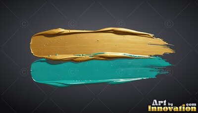 Thick gold and teal paint strokes sweep across dark gray, catching soft surface light