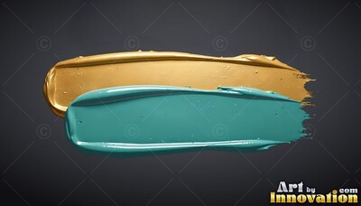 Horizontal strokes of thick gold and teal paint against dark gray backdrop