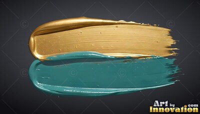 Thick metallic gold and teal paint brushstrokes over a dark background