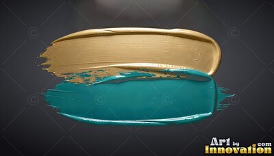 On a dark background, thick gold paint rests above a smooth teal brush stroke