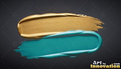 Sweeping across dark gray, thick gold and teal paint strokes overlap with ridged edges