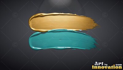 Thick gold and teal paint brushstrokes on a deep gray background