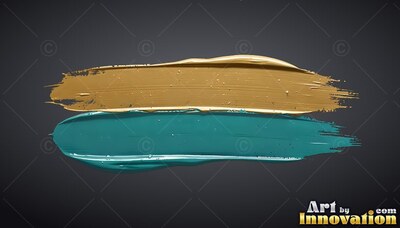 Glossy bristle ridges on two thick gold and teal paint strokes against dark slate background