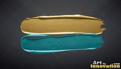 Thick gold and teal paint strokes sweep horizontally across a dark surface, reflecting soft light