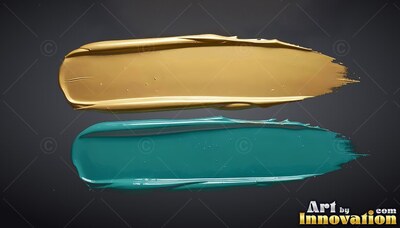 Stretched horizontally across dark gray, thick gold and teal paint strokes swipe to the right
