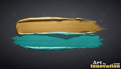 Thick streaks of gold and teal paint brushed over a dark gray background