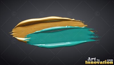 Against a dark gray surface, wet strokes of gold and teal paint stretch across