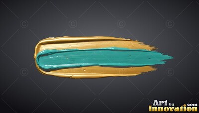 Stretching across gray, thick teal paint layers over a gold brushstroke