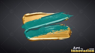 Thick teal and golden paint strokes on a black background