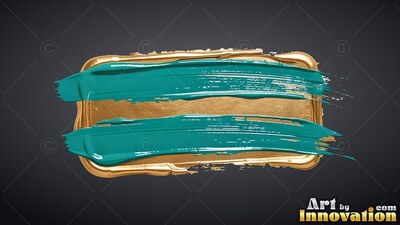 Thick teal brushstrokes with wet ridges cross a gold plaque over a dark gray backdrop