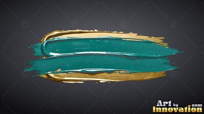 Deep teal paint sweeps across a gold brushstroke with glossy wet highlights
