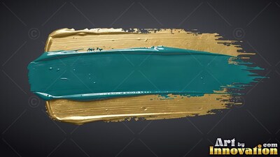 Horizontal teal brushstroke over shiny gold paint on a dark gray surface