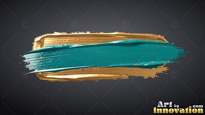 A thick sweep of teal paint layered over a wide gold brush mark on black
