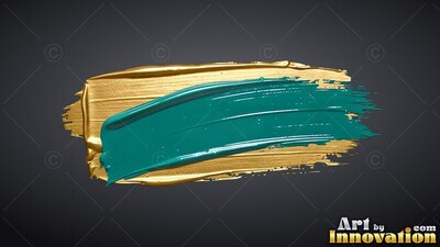 On a dark gray backdrop, a thick brushstroke of teal paint sits over gold paint