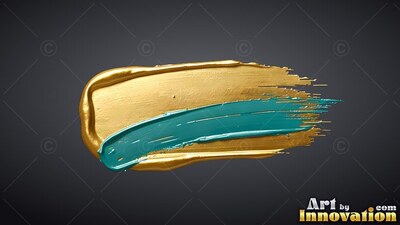 Layered across black, a thick gold paint smear holds a teal streak with wet ridges