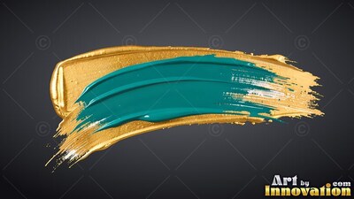 Heavy teal paint swept across a wide gold brushstroke