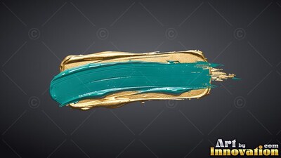 Heavy teal paint with bristle grooves layers over a gold stroke on a dark gray field