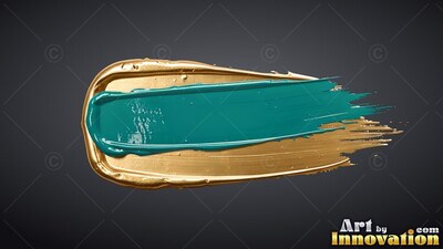 A teal brushstroke sweeps across a thick gold paint smear with glossy highlights