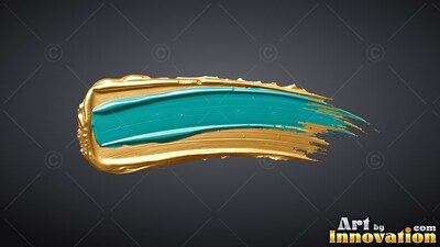 Brushed horizontally on gray, a teal paint stroke rests inside gold paint