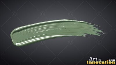 A thick swipe of glossy sage green paint curves against dark gray background