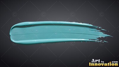 Sweeping against dark gray backdrop, a thick stroke of glossy teal paint shows ridges and bristles