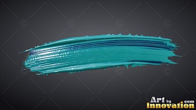 Against a dark gray backdrop, a thick teal brushstroke curves across the center