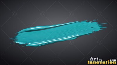 Angled diagonally against dark gray backdrop, a heavy stroke of teal paint