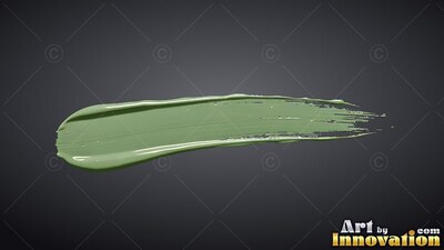 Sweeping across dark gray, a thick sage green paint stroke tap ers into brush bristles
