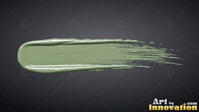 A thick sage green brushstroke sweeps horizontally against dark gray backdrop with glossy highlights
