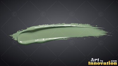 Over plain dark gray background, a thick smear of wet sage green paint curves sideways
