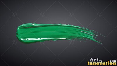 Bristle lines in a glossy green paint stroke stretch across a gray space