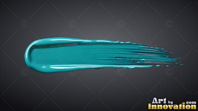 A teal paint stroke sweeps horizontally, catching bright white highlights on glossy ridges