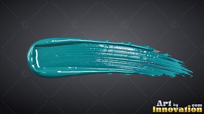 A thick streak of wet teal paint sits against a dark gray backdrop