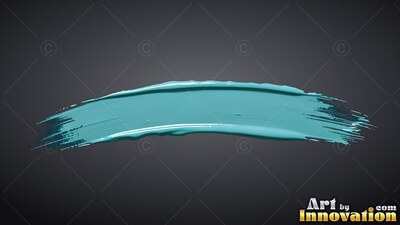 Curving over a dark gray backdrop, a thick stroke of glossy teal paint sweeps horizontally