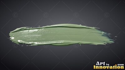 Stretched horizontally across a gray backdrop, a thick sage green paint stroke