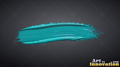 Against a dark gray backdrop, a thick teal brushstroke curves across the center