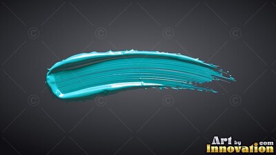 Ridged bristle marks line a thick teal brushstroke on top of dark gray background