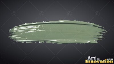 Thick sage green paint runs across a dark background, reflecting shiny highlights