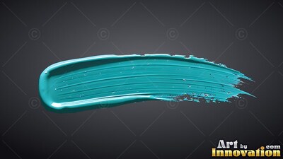 A thick streak of wet teal paint sits curved against dark gray