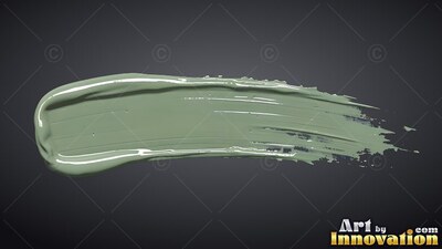 On a dark gray backdrop, a thick horizontal swipe of sage green paint spreads out