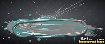 Thick bristle texture marks a streak of teal paint splashed on a dark gray backdrop