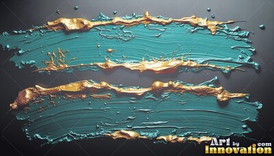 Teal paint curves across a dark surface, edged with thick ridges of shiny gold