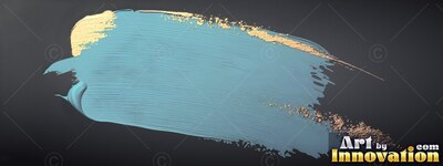 Angled diagonally on a black background, a sweep of teal paint with textured gold edges