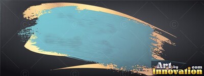 A wide teal brushstroke edged in metallic gold runs across a dark surface